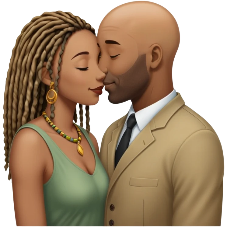 Tall bald black guy kissing the forehead of his short wife who is also black with locs emoji