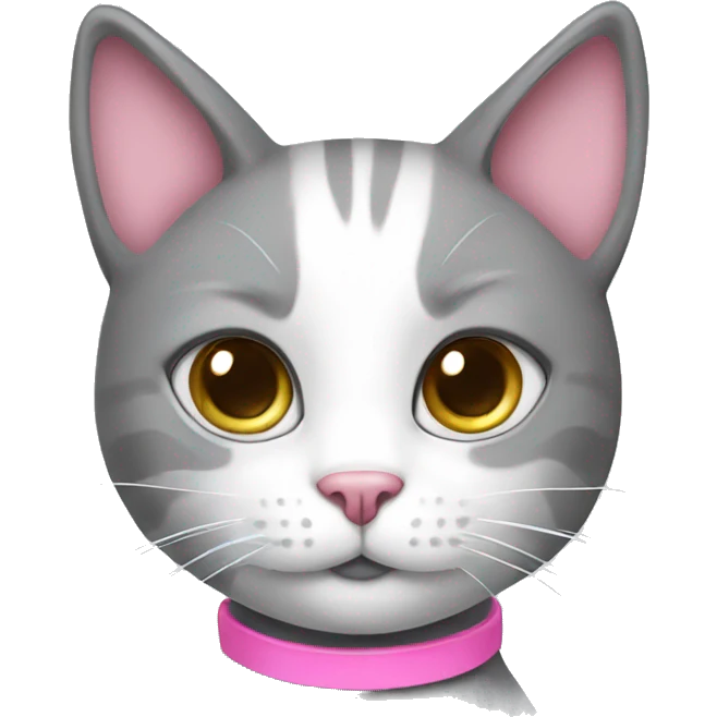 grey and white cat with pink collar  emoji