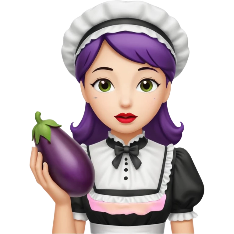 A women in a black and white maid dress with her lips around a wet eggplant emoji