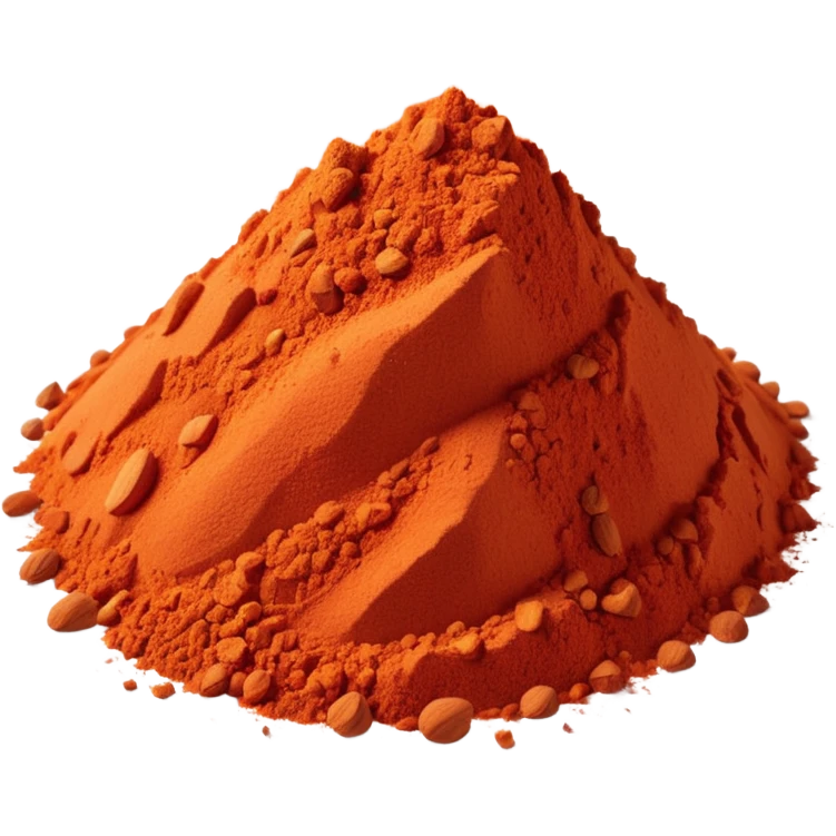 small scatter or mound of vibrant red-orange spice powder with slightly coarse flaky texture and matte finish, warm earthy color suggesting sun-dried peppers ground into fragrant flavorful dust, no bowl spoon or garnish, soft lighting, subtle shadows, emoji scale emoji