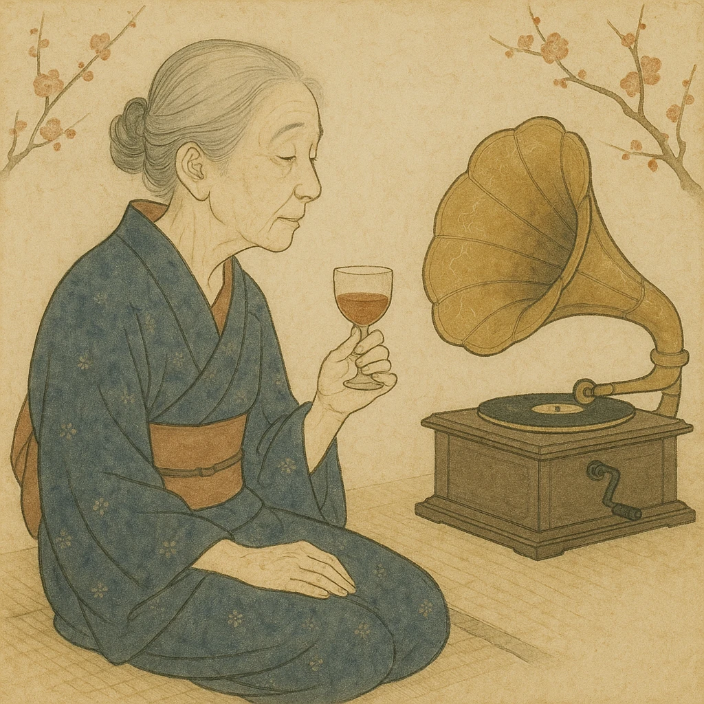 old lady with wineglass listening to gramophone emoji