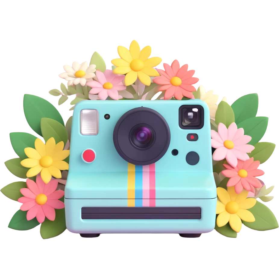 A 3D iOS style illustration of a Polaroid camera with a photo of flowers on top. The camera should have a pastel color scheme with floral decorations. The design should be clean and have a polished look typical of iOS design language. emoji
