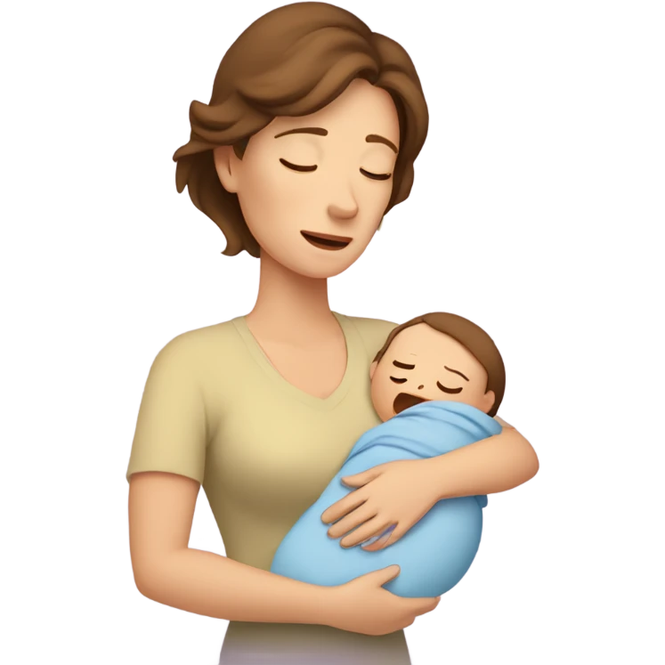  tired caucasian mother with brown hair, ,  holding one newborn baby emoji