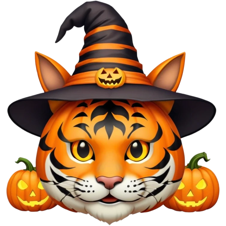 tiger face in Halloween costume with pumpkin and witch hat for Twitch emote emoji