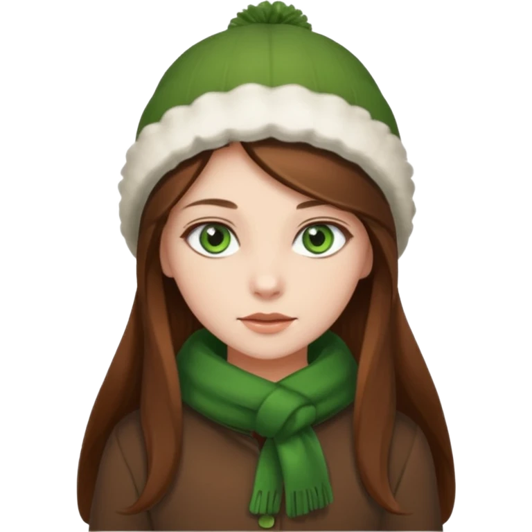 Girl green eyes brown long hair with brown-white winter clothes  emoji
