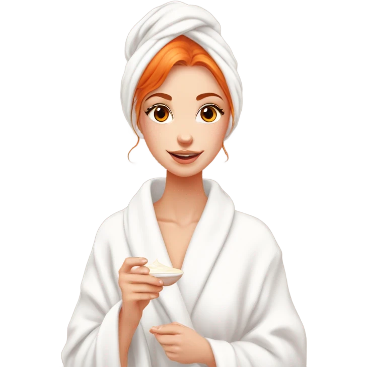 Girl putting cream on face bathroom red orange hair orange brown eyes beautiful face thick eyelashes pink lips gorgeous skinny fair skin white aesthetic tall girl doing skincare cozy robe hair in white towel emoji