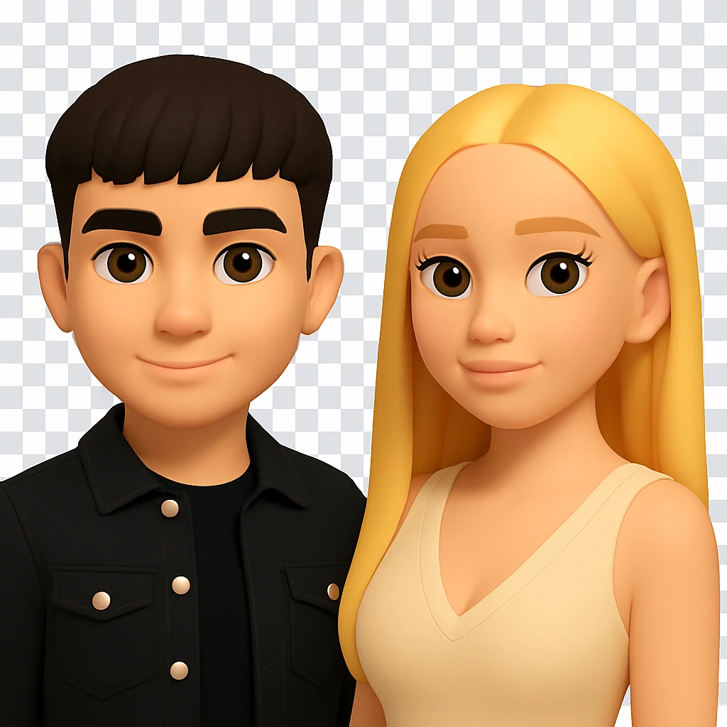 Slightly increase the volume of the upper body of the girl, separate the girl and the boy from each other, and make the skin color the same for both characters. The original style is 3D emoji with a transparent background, please maintain the 3D emoji style look while editing. emoji