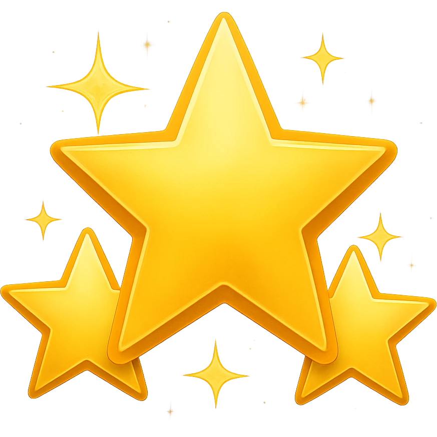 3 golden stars, one big in the center and two smaller on the sides, with a slight glow effect and sparkles (emoji style) emoji