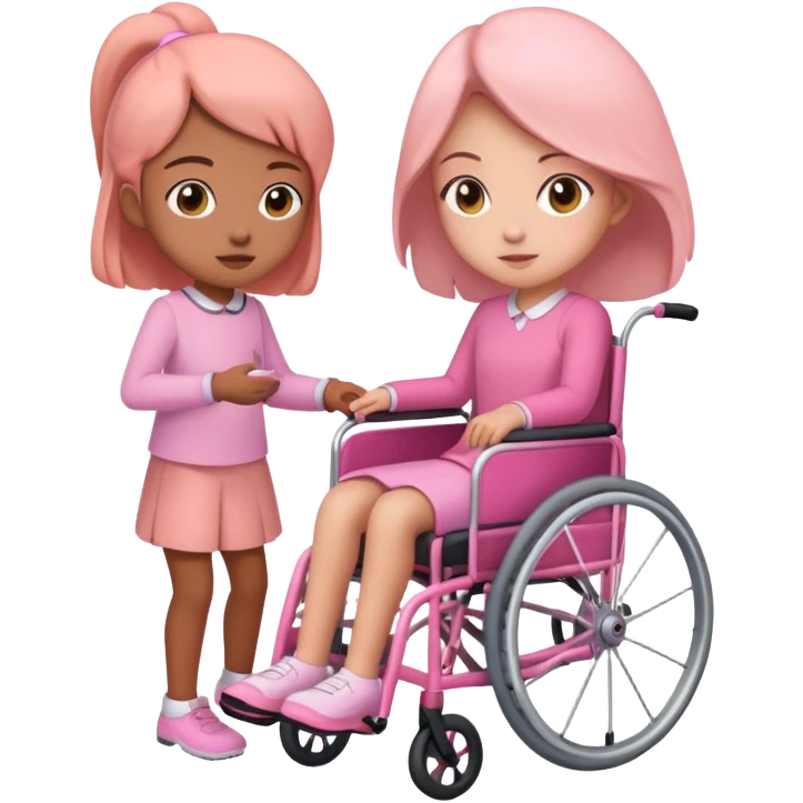 One peach skin sister pushing her light brown skin sister in a pink wheelchair emoji