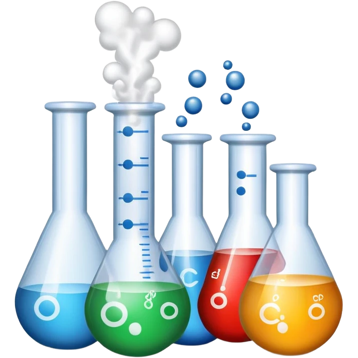 An icon featuring chemical flasks with tubes, representing hydrolysis, along with liquids, powders, and chemical formulas. The design includes molecules and reaction symbols, symbolizing the study of chemical processes and compounds. Transparent background highlights the science of reactions. emoji