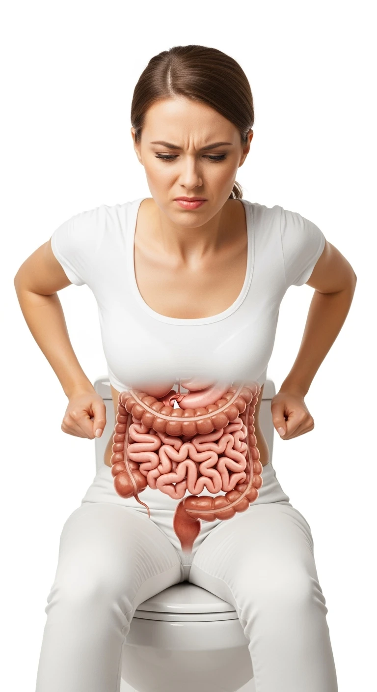 donna che si sforza seduta sul wc con intestino umano anatomico in evidenza, iperrealistica 4k, sfondo bianco emoji