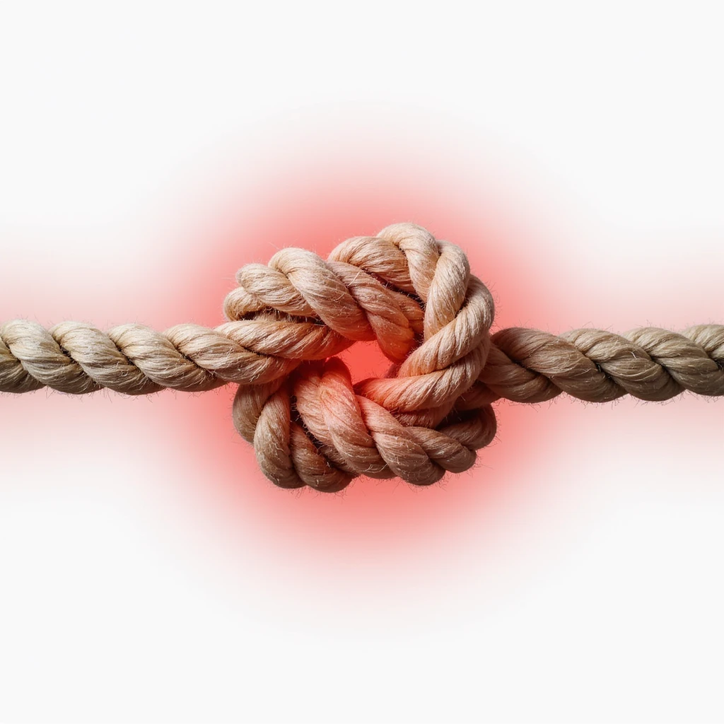realistic rope knot isolated on white background with a red halo around the knot indicating pain, soft shading, three-dimensional appearance, no other elements emoji