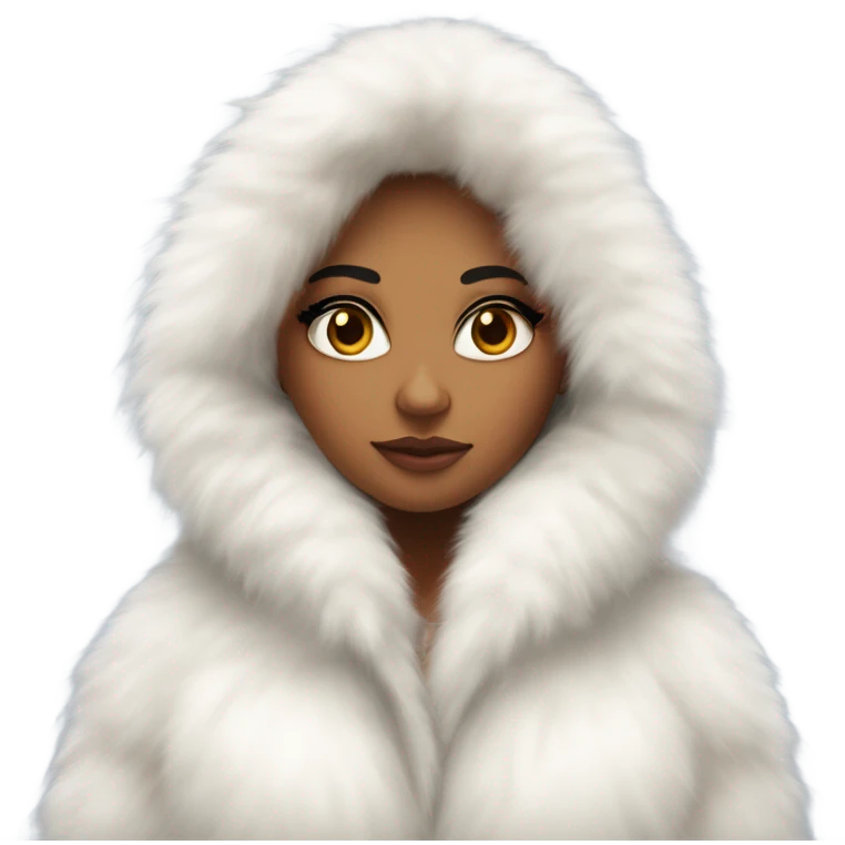 Tanned Girl with lashes ,  in an extremely big fluffy oversized white fur coat with hood on. The fur is real and it’s very obvious big and fluffy like in Pinterest  emoji