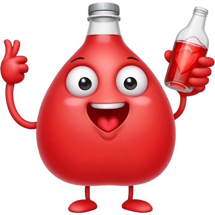 A red heart ❤️ with eyes, a mouth, and hands, looking tipsy and drunk, holding a bottle of drink in one hand, with a playful, wobbly expression emoji