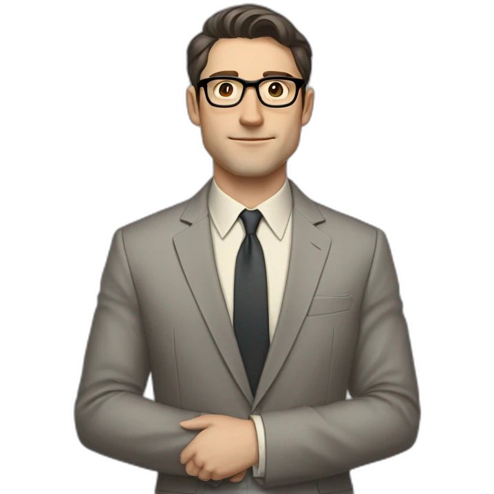 Full height Pale skinned Fit Man With dark brown hair in classic gray suit, beige office shirt, dark gray tie, and vintage glasses. Thrumbs of his palms directed up emoji