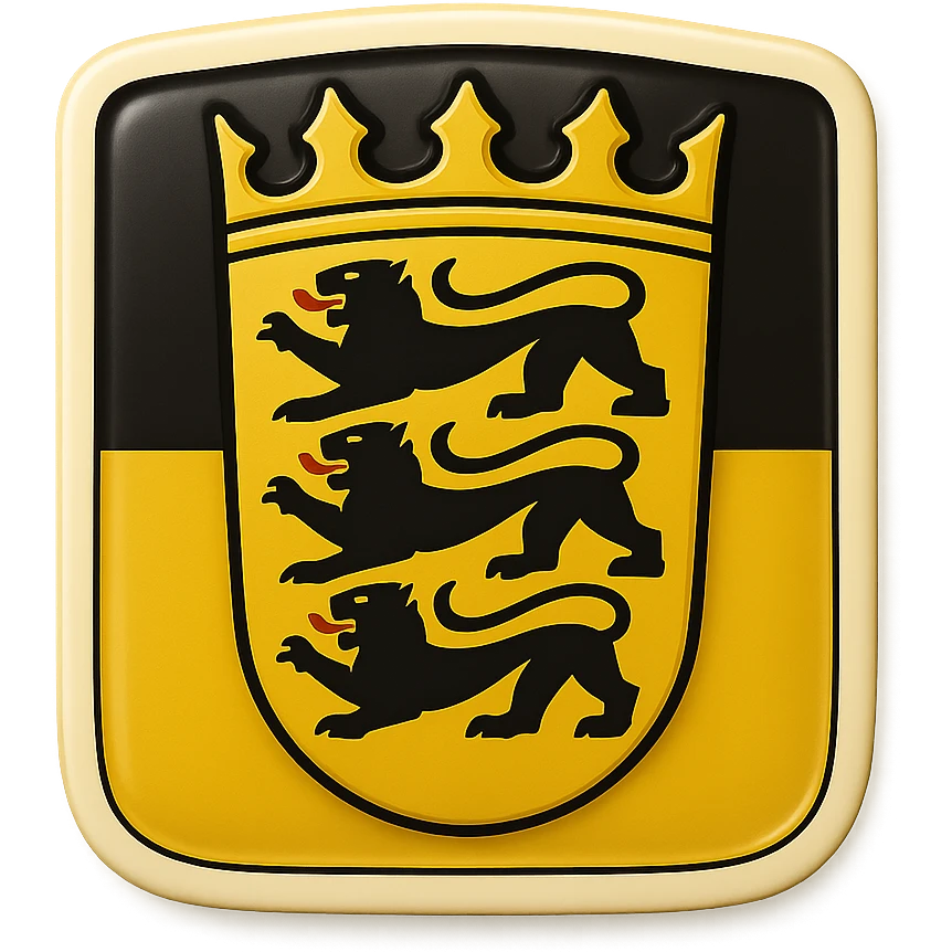 Create an emoji of the Baden-Württemberg coat of arms featuring three black lions and a crown. The style should be less cartoonish and match the retro stickers style similar to the first Berlin icon from the last batch. Use the official Baden-Württemberg flag as the full background. No text included. emoji