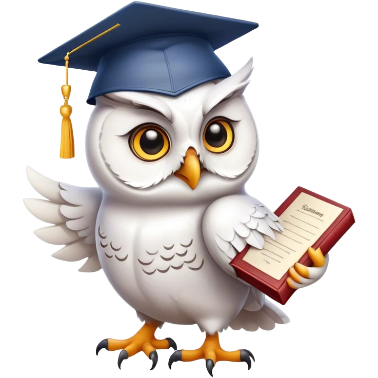 happy white Owl with graduation hat and diploma in claws emoji
