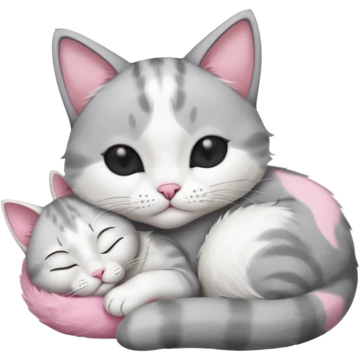 1 grey and white small cat with his eyes closed lying down leaning on his elbow with his paw curled under his head holding it up emoji