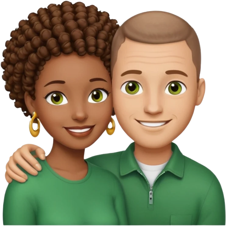 a couple embracing each other. a black woman with curly brown hair and brown eyes, smiling. and a white man with a buzz cut, wearing stud earrings and green eyes, smiling.  emoji