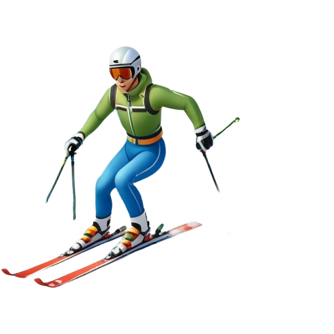 An icon featuring snowy peaks, pine trees, and a picturesque mountain landscape with a skier racing down a snow-covered slope, The sky is blue with soft clouds, capturing the thrill and beauty of alpine skiing. Transparent background highlights the excitement and serenity of winter sports. emoji