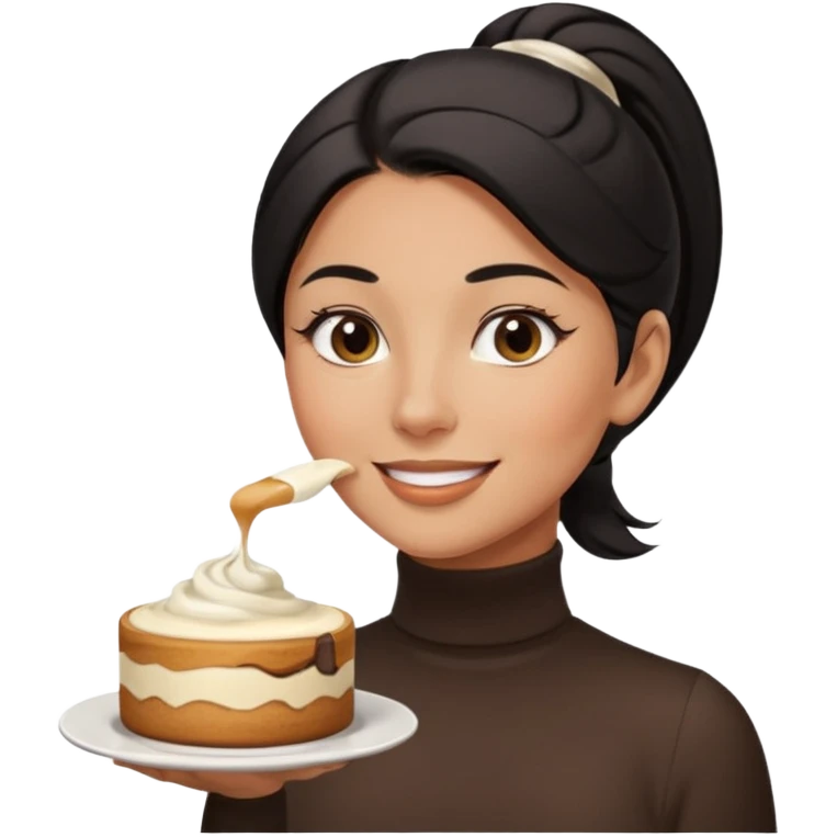  tan skin woman with long face, and short black hair slicked back ponytail with forehead showing, wearing white turtleneck shirt, eating tiramisu smiling with middle parted hair emoji