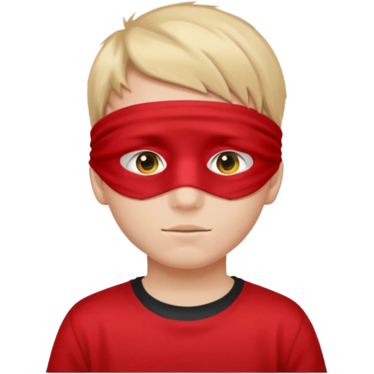 boy wearing red cloth over only eyes boy wears black t-shirt emoji