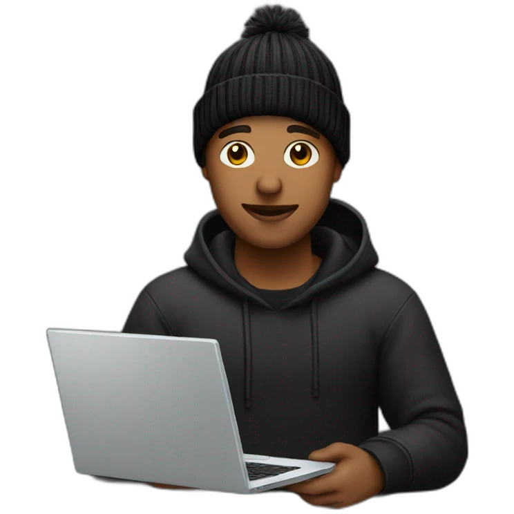 tech guy with black beanie holding a laptop in the lap emoji