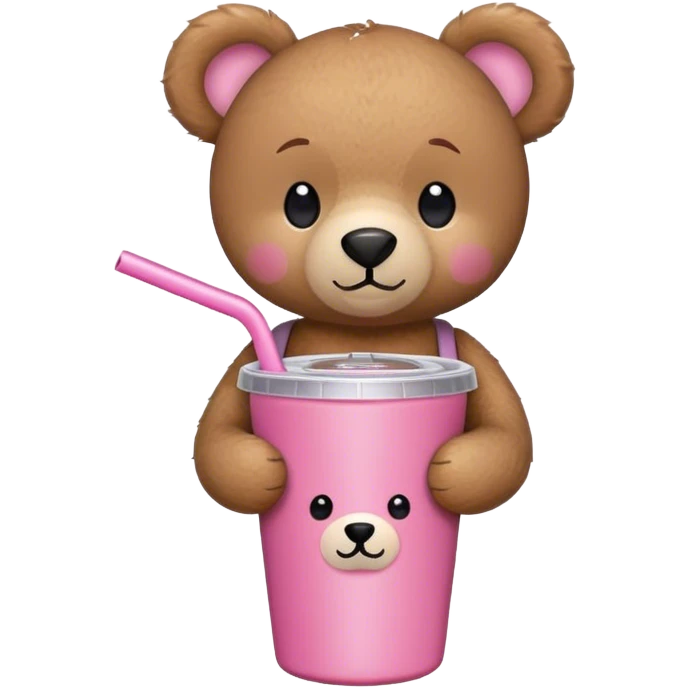 Small, cute brown teddy bear holding a pink colored Stanley tumbler with a small bow straw topper emoji