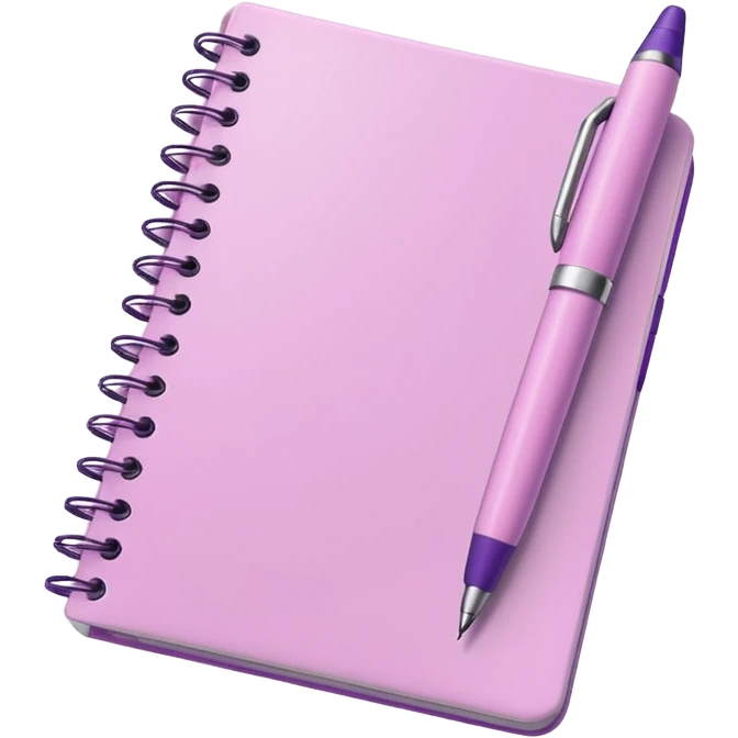 soft pink spiral notebook with a soft purple pen on it, iOS emoji style emoji