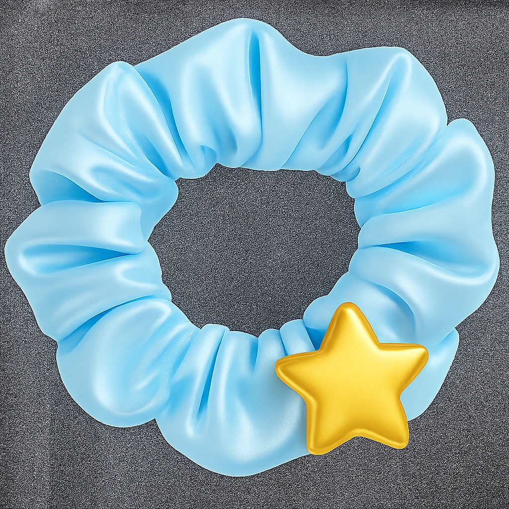 Change the gold heart charm to a gold star charm on the pastel blue silky scrunchie, keep the 3D emoji style and shimmer effect. Remove the background. The style is 3D emoji style with shimmer effect. emoji