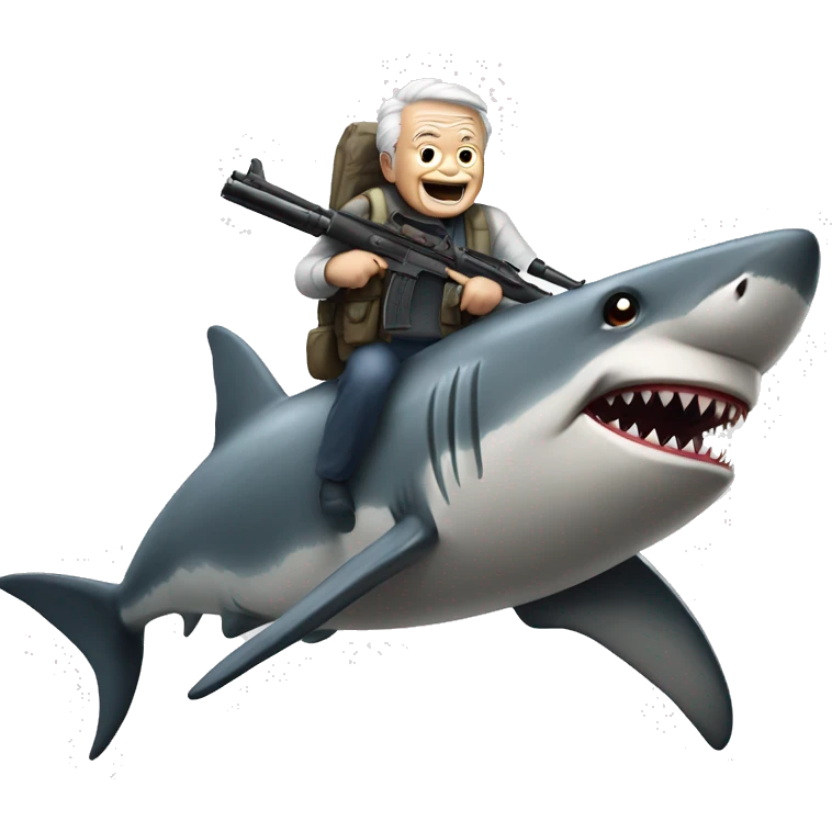 Old man riding shark with machine guns emoji