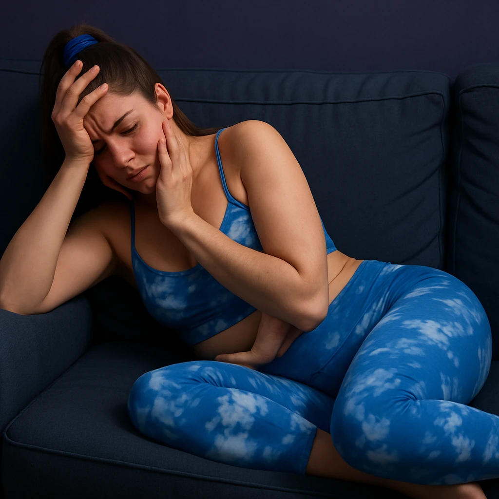 A slender woman in 4K, lying on a sofa, one hand on the reddened forehead, the other on the jaw, tense and suffering face, inspired by the reference photo. emoji