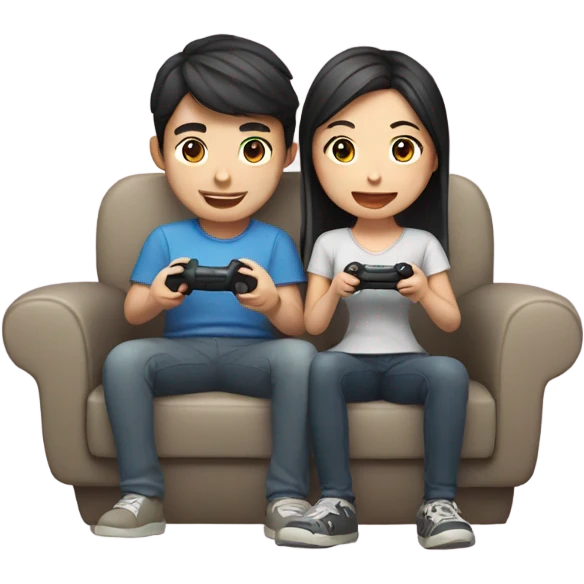 Cute Asian Couple sitting together and having fun playing video games emoji