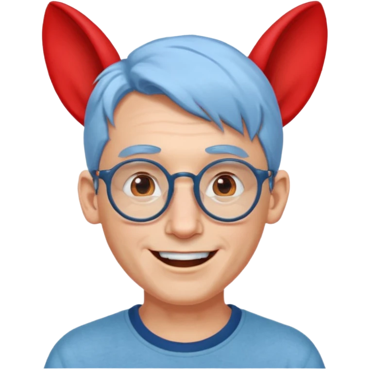 light blue haired man mid length hair with big ears and red earrings and spectaclesi happy emoji