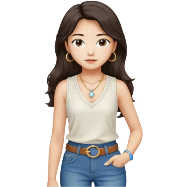 Stylish South Korean girl with long wavy dark hair, wearing a white textured sleeveless top, blue jeans, and a brown belt — soft lighting, cozy indoor vibe, a small, moonstone pendant necklace with a dainty gold chain adds a delicate touch emoji