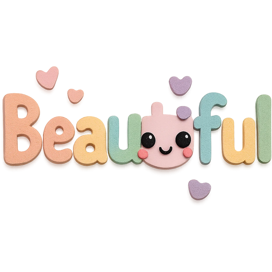 Add a cute kawaii face and tiny pastel hearts to the text, keep the 3D paper-craft effect, no outline, transparent background emoji