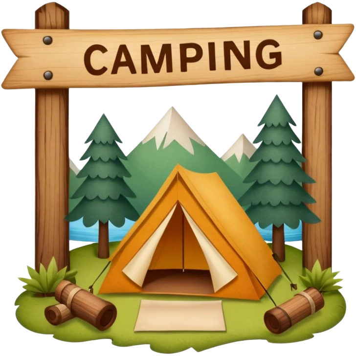 Wooden Camping sign made of felt texture, scrapbooking style, transparent background emoji