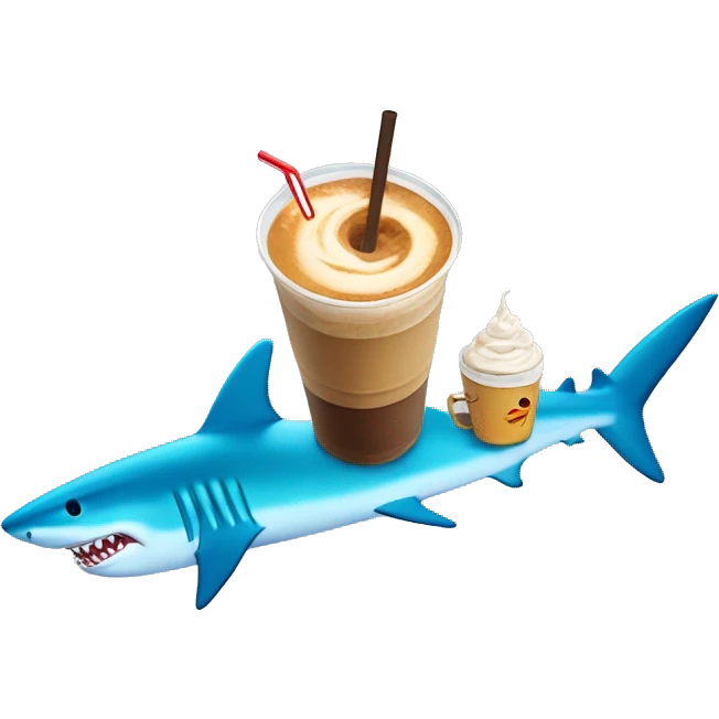Shark on a surfboard With an iced coffee in his fin emoji