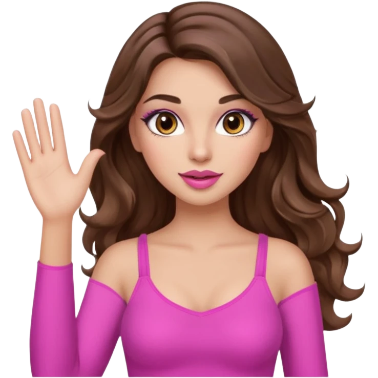 girl with long wavy brown hair, brown eyes, long lashes makeup, sexy pink lips, light to medium complexion, pink sexy top,waving emoji
