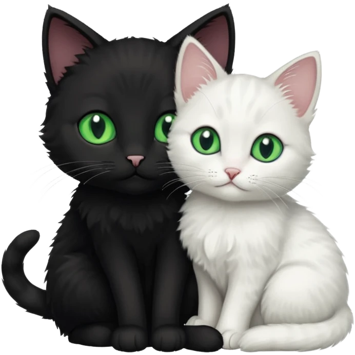 Black cat with green eyes cuddling next to small white kitten with blue eyes  emoji