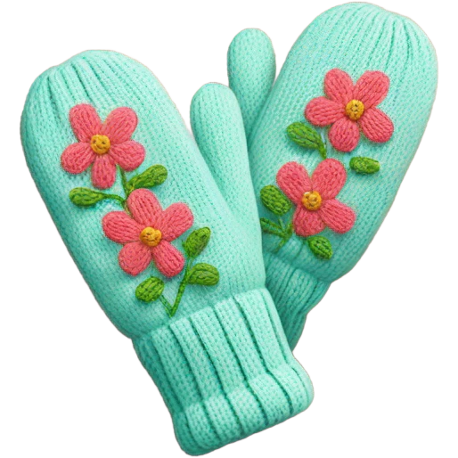 A pair of cozy knitted mittens with a floral design emoji