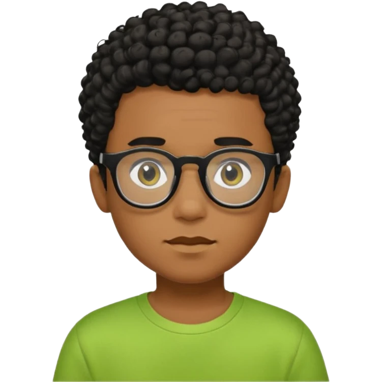 Menino pardo com cabelo curto cacheado preto raspado dos lados, de óculos preto quadrado e blusa verde e amarela emoji