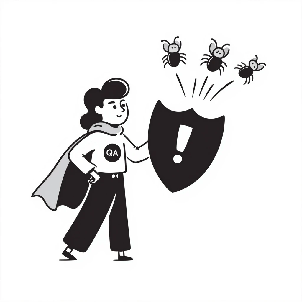 QA engineer superhero with cape and bug shield emoji