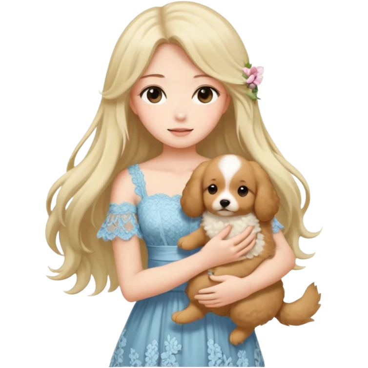 Pastel anime lady long hair with long lace dress full body holding puppy emoji