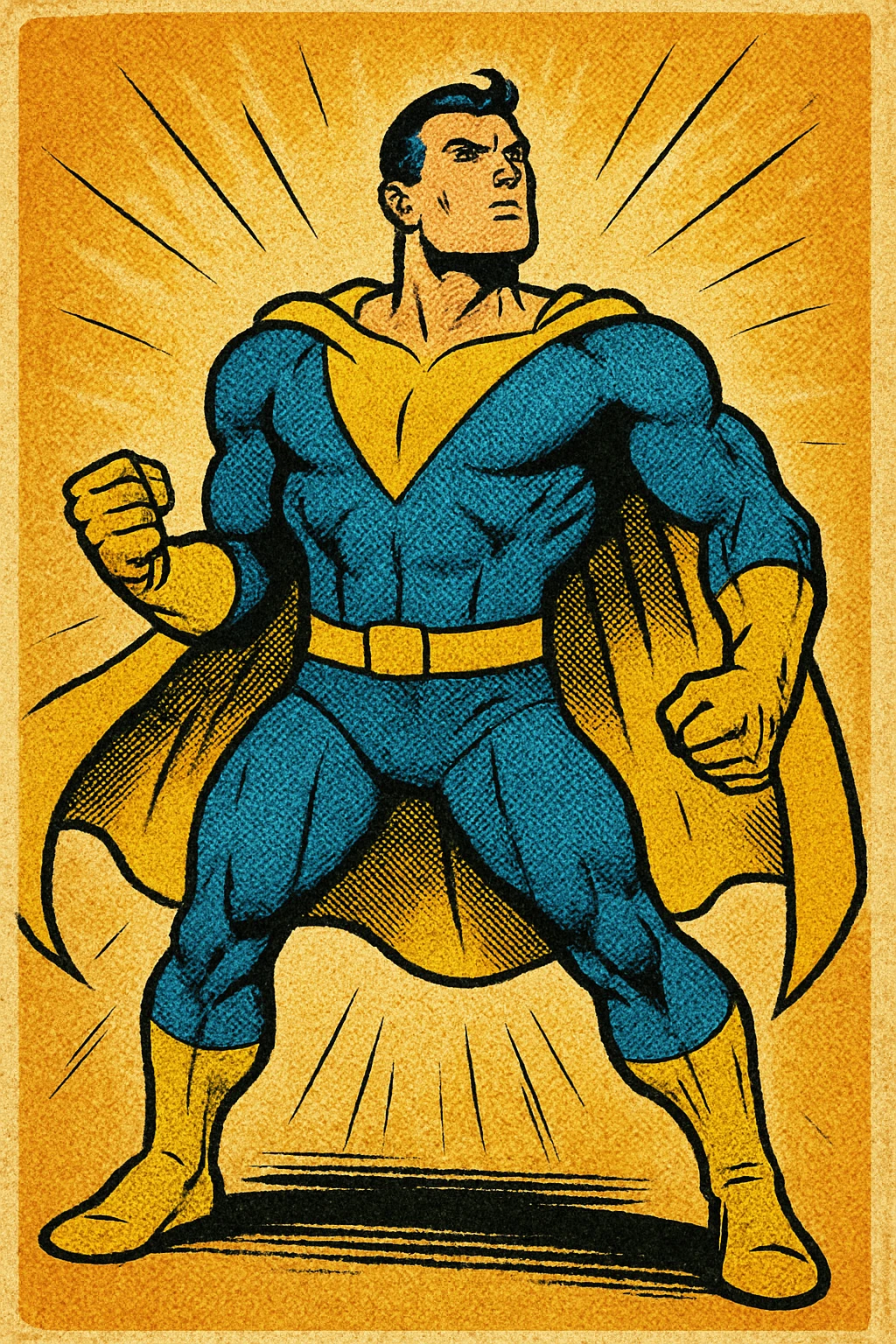 invincible superhero character wearing a blue and yellow suit, heroic stance, comic book style emoji