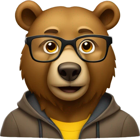 Brown bear as a university professor wearing clear yellow plastic thick-rimmed glasses emoji