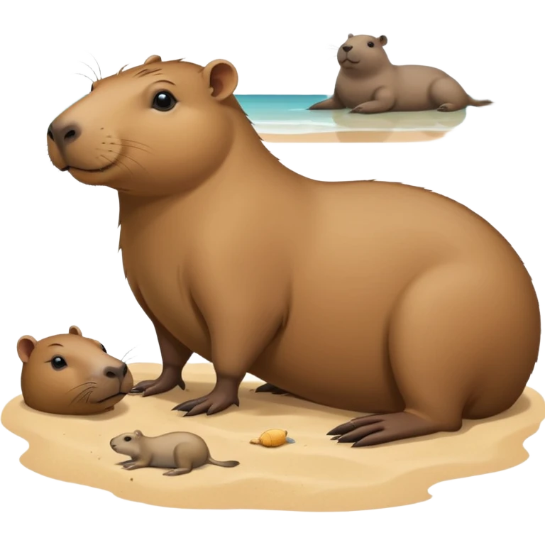 a capybara with a seal laying on a peaceful beach with other capybaras close by emoji