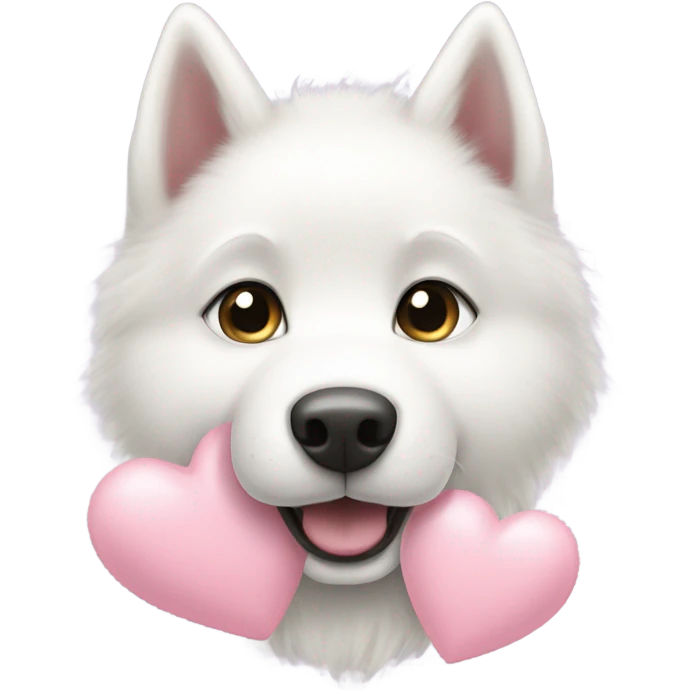 White husky puppy with large light pink heart emoji