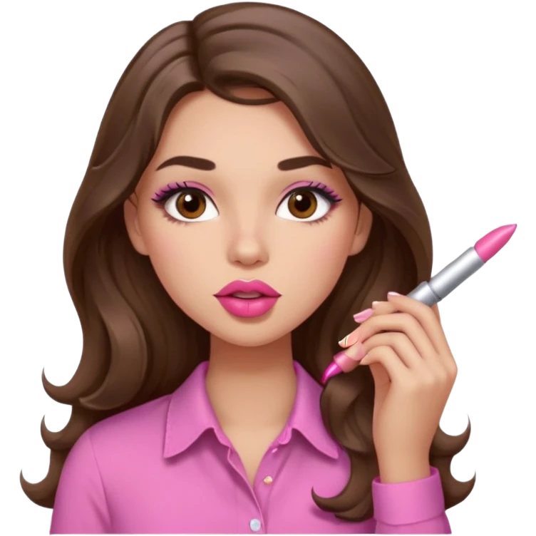 girl with long wavy brown hair, brown eyes, light to medium complexion, in a pink shirt, pink lips, long lashes, puckered lips, putting on lipstick emoji