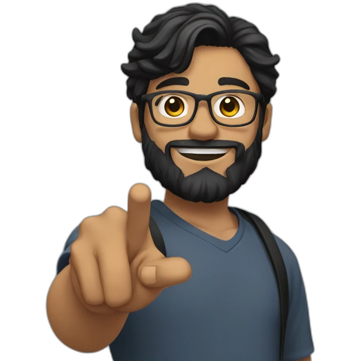A young man points his finger forward with black hair, a beard, and glasses emoji